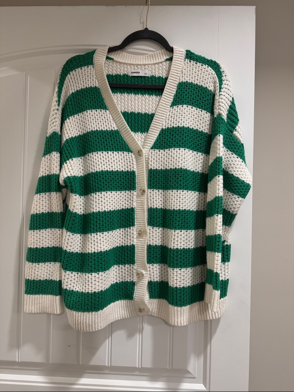 Sonoma Green and Cream Striped V-Neck Button Cardigan